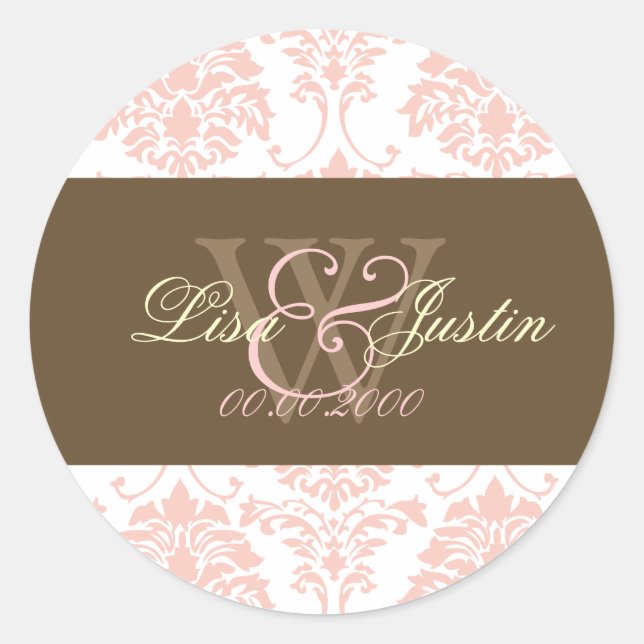 stickers de mariage monogramme rose Damask (Devant)