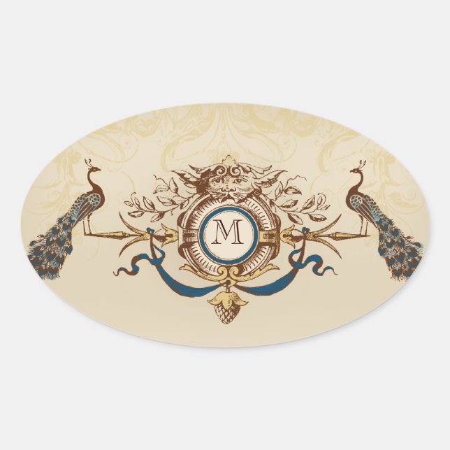 Stickers de mariage Peacock élégant avec Monogramm (Devant)