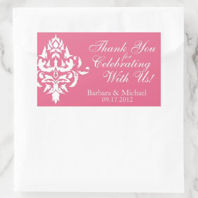 Stickers de mariage rose avec blanc Damas rectangl (Sac)