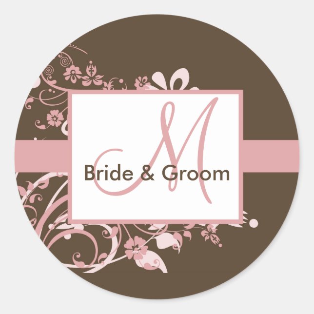 Stickers de mariage rose et Brown Monogramme (Devant)