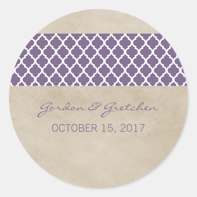 Stickers de mariage violet rustique en quatrefoil (Devant)