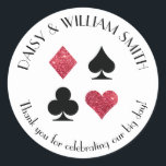 Stickers de texte personnalisé Las Vegas en rouge<br><div class="desc">Parties scintillant rouge Faux et costumes de cartes noires sont entourés de texte personnalisable,  ce qui rend ces autocollants ronds parfaits pour toutes sortes de projets et d'occasions. Utilisez-les pour des faveurs étiquettes pour les clients mariages,  pour fermer des enveloppes et plus encore.</div>