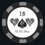 stickers de valeur de jeton pour la fête de mariag<br><div class="desc">Les stickers de valeur de la puce de poker pour la fête de mariage de casino. Design noir et blanc avec initiales monogrammées de la mariée et du marié plus la date du mariage. Personnalisez avec votre monogramme, votre date et votre numéro de valeur monétaire, etc. Pièce de marqueur ronde...</div>
