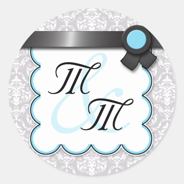 Stickers double Monogramme Aqua Blue & Grey Damask (Devant)