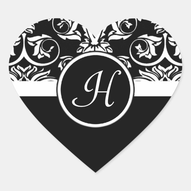 Stickers en noir et blanc Monogramme Heart Damask (Devant)