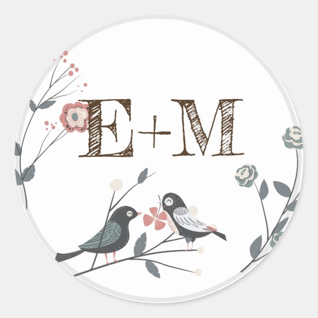 Stickers Faveur Monogramme Oiseaux Rustiques En Bo (Devant)