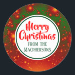 Stickers Festive Fractal Christmas (Cercle Vert)<br><div class="desc">Sticker étiquettes cadeau de vacances avec un arrière - plan fractal festif rouge et vert. L'accueil "Joyeux Noël" et la famille dont il est issu peuvent être changés.</div>