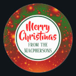 Stickers Festive Fractal Christmas (Cercle Vert)<br><div class="desc">Sticker étiquettes cadeau de vacances avec un arrière - plan fractal festif rouge et vert. L'accueil "Joyeux Noël" et la famille dont il est issu peuvent être changés.</div>