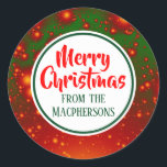 Stickers Festive Fractal Christmas (Cercle Vert)<br><div class="desc">Sticker étiquettes cadeau de vacances avec un arrière - plan fractal festif rouge et vert. L'accueil "Joyeux Noël" et la famille dont il est issu peuvent être changés.</div>