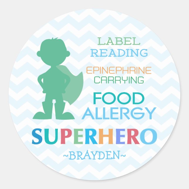 Stickers Garçon Superhero de l'allergie alimentair (Devant)
