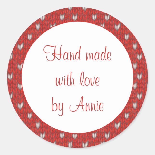Stickers HEART KNIT 1.5" ronds "Hand Made" (Devant)
