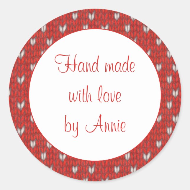 Stickers HEART KNIT 3" ronds "Hand Made" (Devant)
