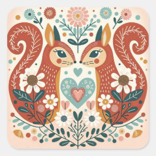 Stickers illustration folk art motif « écureuils »
