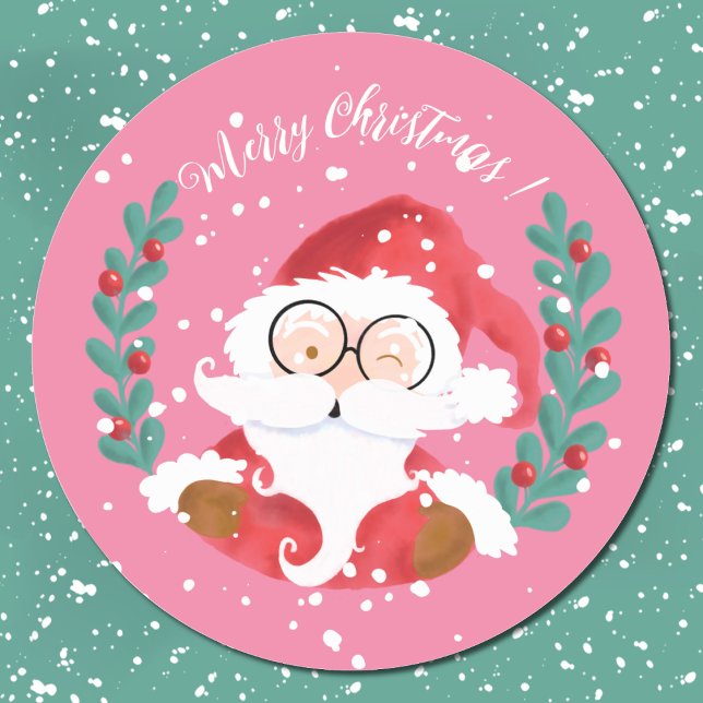 Stickers Joyeux Noël rose de Père Noël (Winking Santa round pink Christmas stickers .)