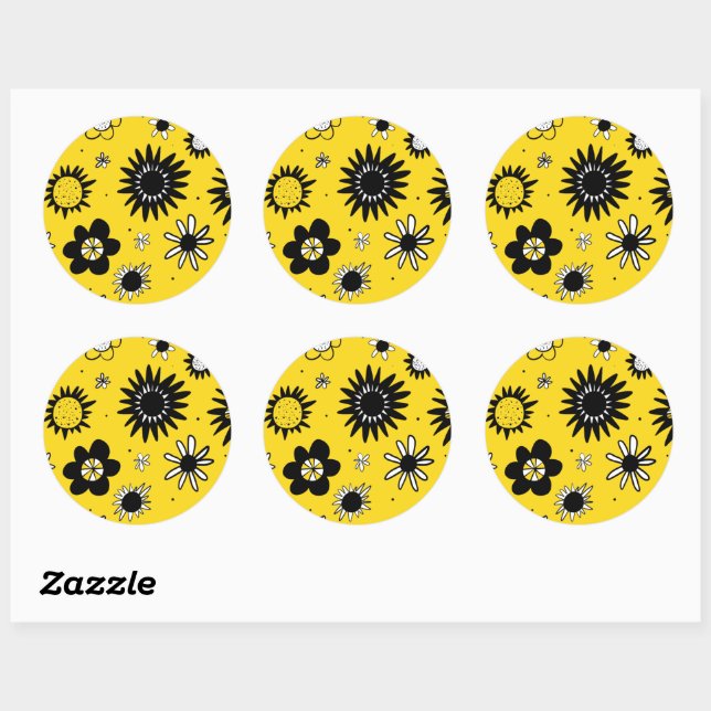 Stickers Joyeux noir blanc et jaune marguerite (Feuille)