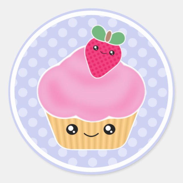 Stickers Kawaii Cupcake aux fraises roses (Devant)