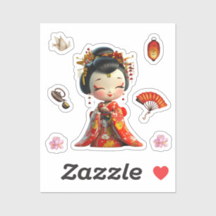 Stickers Kokeshi Doll rouge et or, Geisha