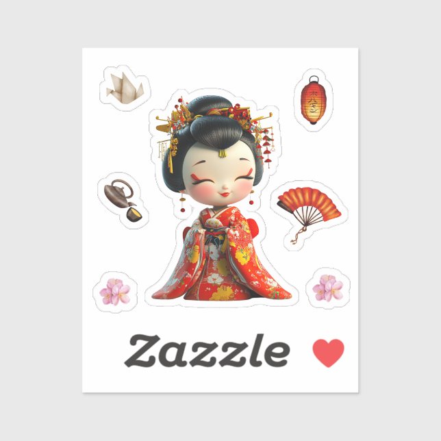 Stickers Kokeshi Doll rouge et or, Geisha (Feuille)