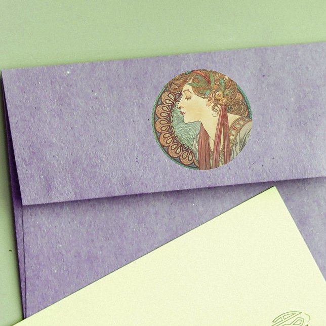 Stickers Lady Art déco (Art Deco style lady leaves in hair on green burgundy mosaic sticker.)