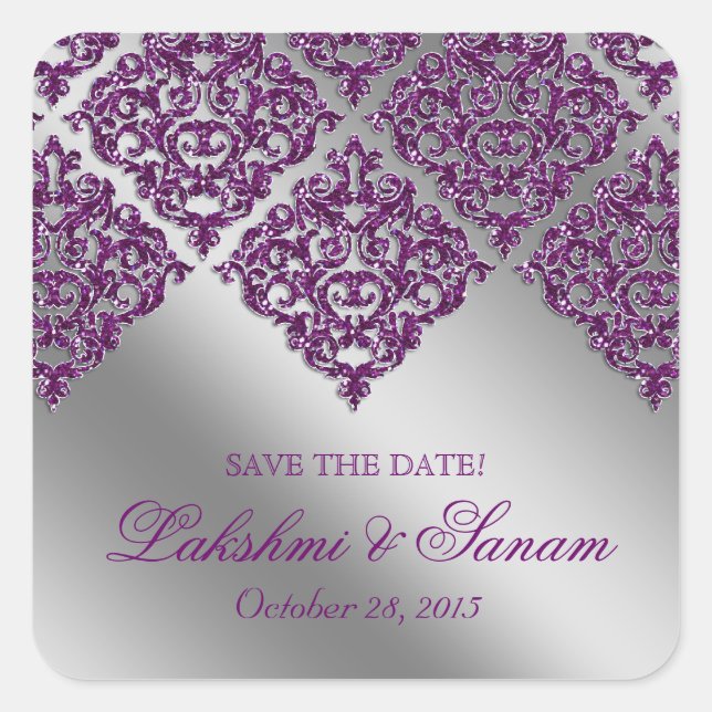 Stickers mariage damassé Sparkings argenté violet (Devant)
