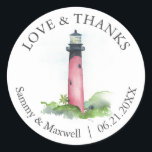 Stickers Mariage de plage Modèle Phare<br><div class="desc">Ces autocollants de mariage de plage ont une aquarelle Jupiter, phare de Floride. Utilisez les champs modèle pour ajouter votre texte de remerciement personnalisé. Un choix charmant pour la destination, la côte, nautique, les mariages et cadeaux en bord de mer. L'aquarelle unique de Victoria Grigaliunas de Do Tell A Belle....</div>