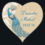 Stickers Mariage Elégance Dentelle Peacock<br><div class="desc">Stickers Peacock élégant et mariage en dentelle avec une touche Art Nouveau. Jolie Aqua et tons turquoises avec panneau latéral défilé blanc. L'Arrière - plan est un ton délicat sur la dentelle de ton floral sur la couleur sable. Customisez les noms et la date du mariage. Autres articles correspondants dans...</div>