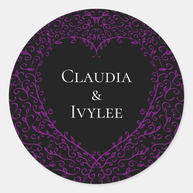 Stickers Mariage gothique au coeur mauve et noir (Devant)