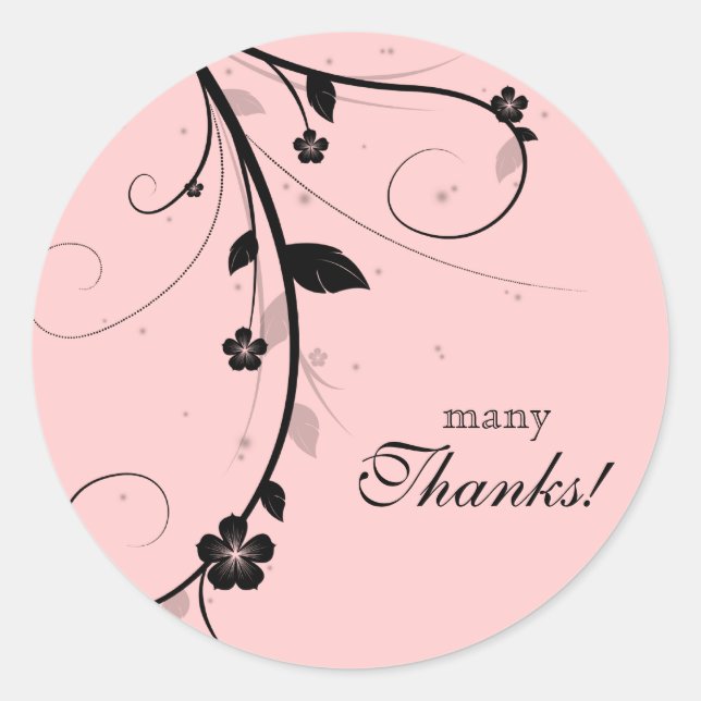 Stickers Mariage Merci Noir Blanc Floral Rose (Devant)