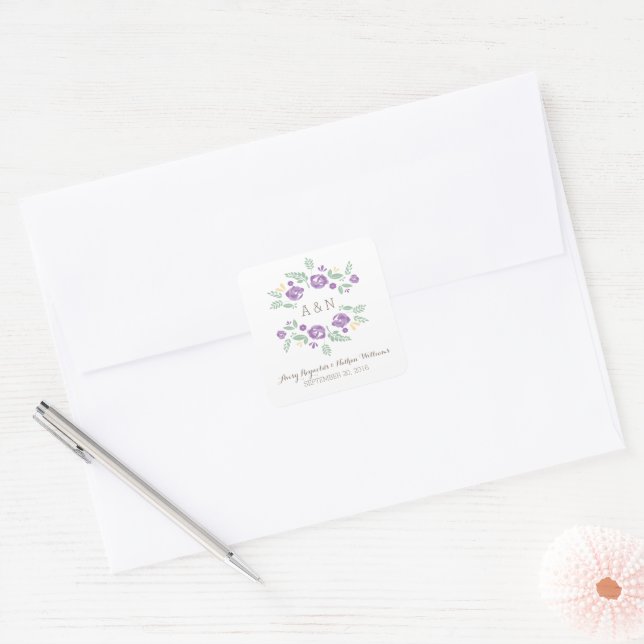 Stickers Mariage Monogramme Floral Pays Violet (Enveloppe)