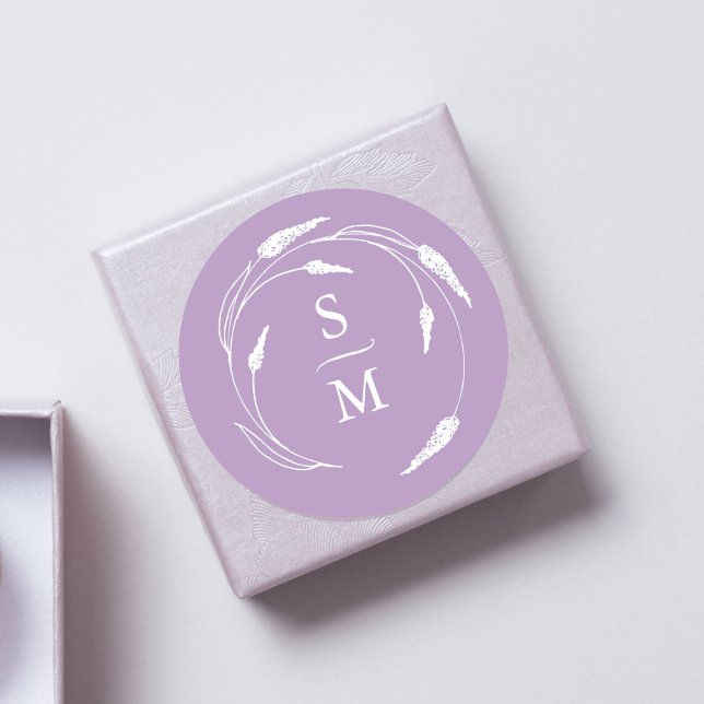Stickers Mariage Monogramme Lavande (Purple wedding favor sticker monogram lavender line art by Victoria Grigaliunas of Do Tell A Belle)