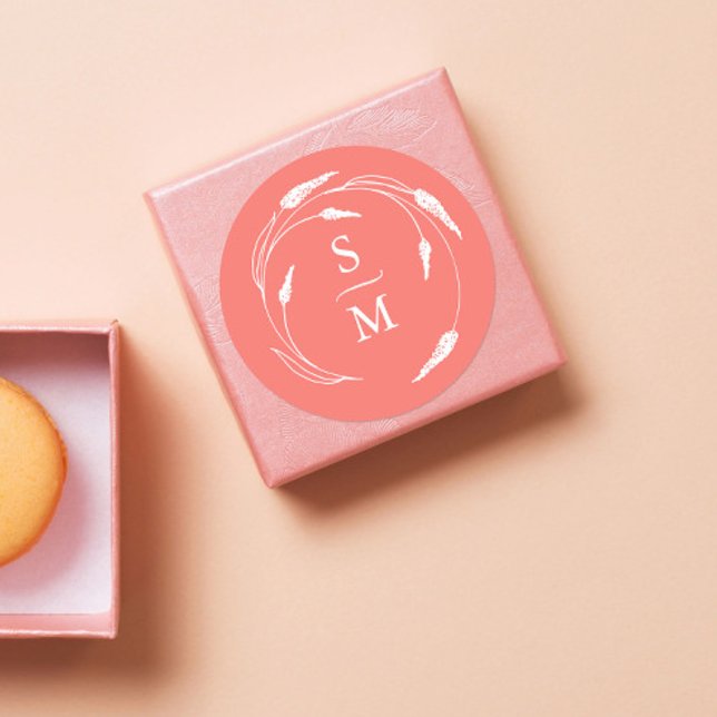 Stickers Mariage Monogramme Pêche (Peach monogram wedding favor stickers unique floral line art by Victoria Grigaliunas)
