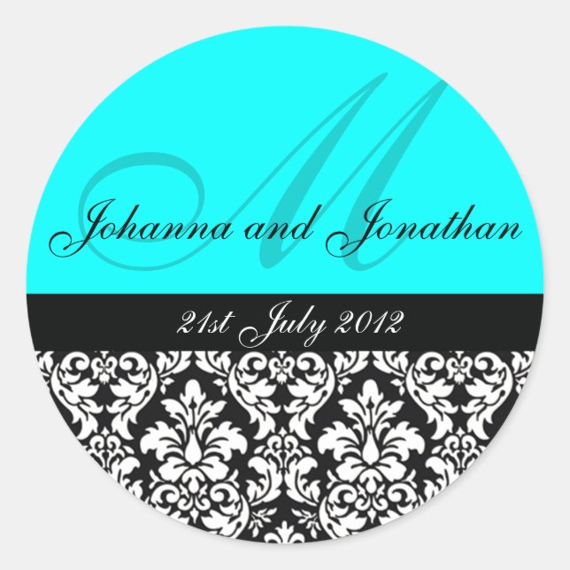 Stickers Mariage Monogramme Turquoise Damask (Devant)