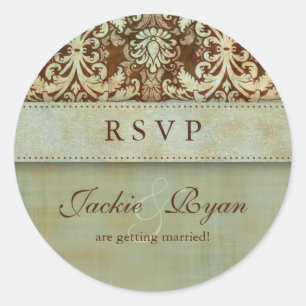 Stickers Mariage RSVP Damask Brown Vert Vintage
