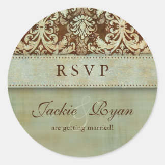 Stickers Mariage RSVP Damask Brown Vert Vintage