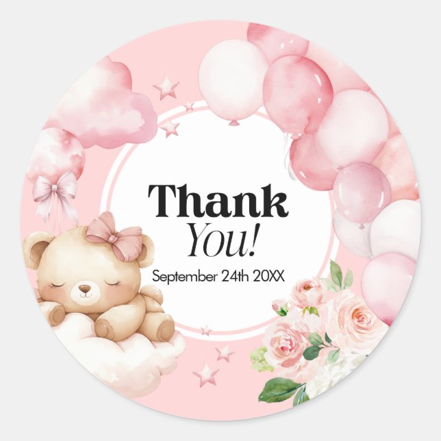 Stickers Merci Baby shower rose (Devant)
