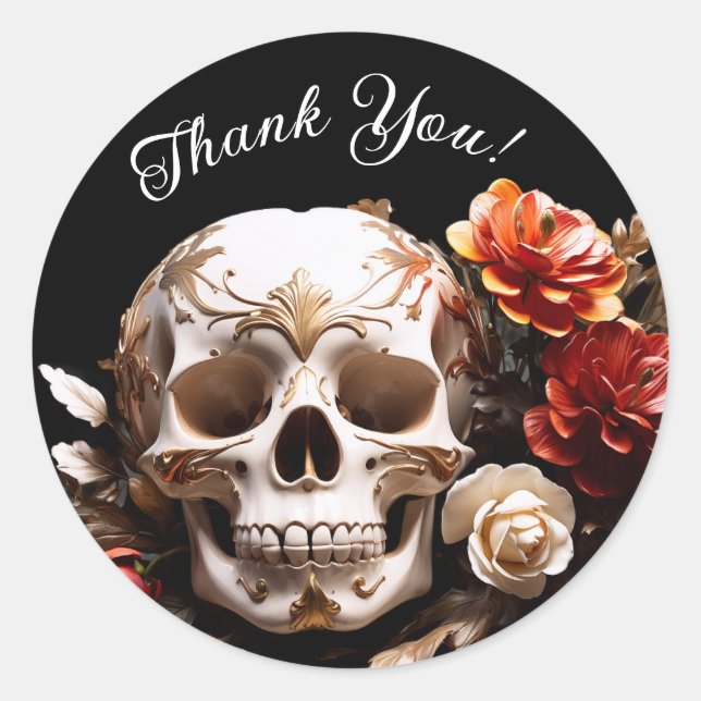 Stickers Merci Halloween crâne et fleurs (Devant)