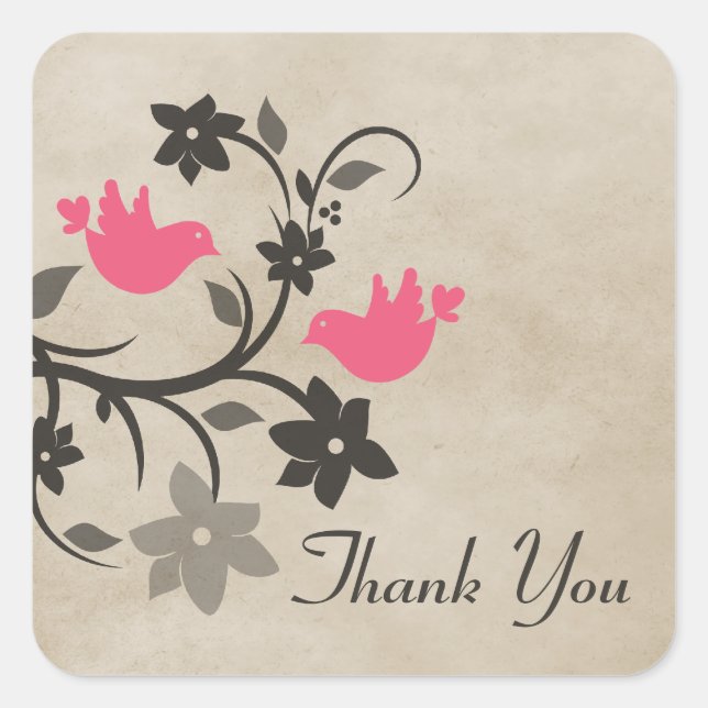 Stickers Merci Lovebirds rose Floral (Devant)