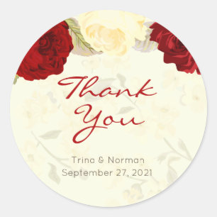Stickers Merci Mariage Rose rouge et ivoire