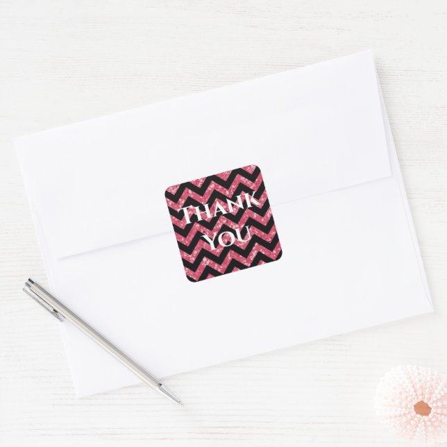 Stickers Merci Parties scintillant rose Chevron (Enveloppe)