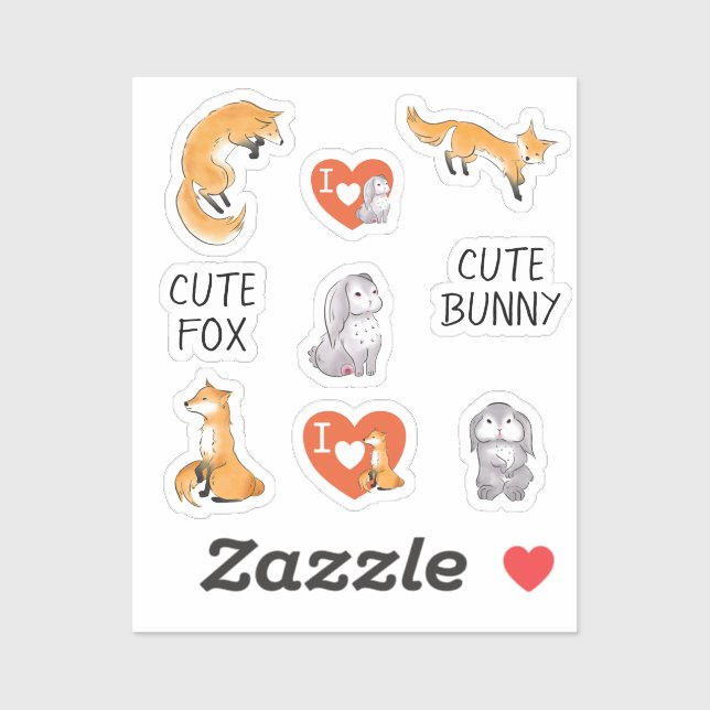 Stickers mignonne Fox mignonne Bunny Amour (Feuille)