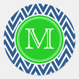 Stickers Monogramme Vert & Bleu Chevron Rond
