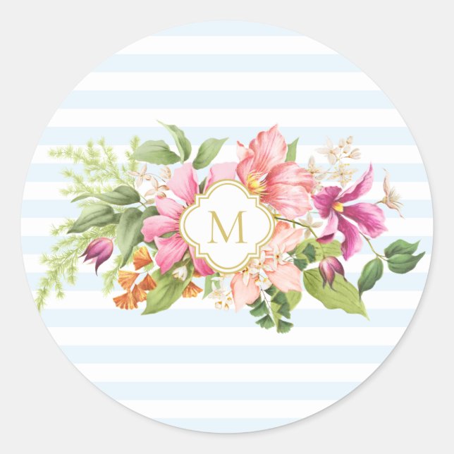 Stickers Monogramme Vintage Fleurs rose bleu paste (Devant)