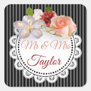 Stickers Mr & Mrs Rose Floral noir et corail
