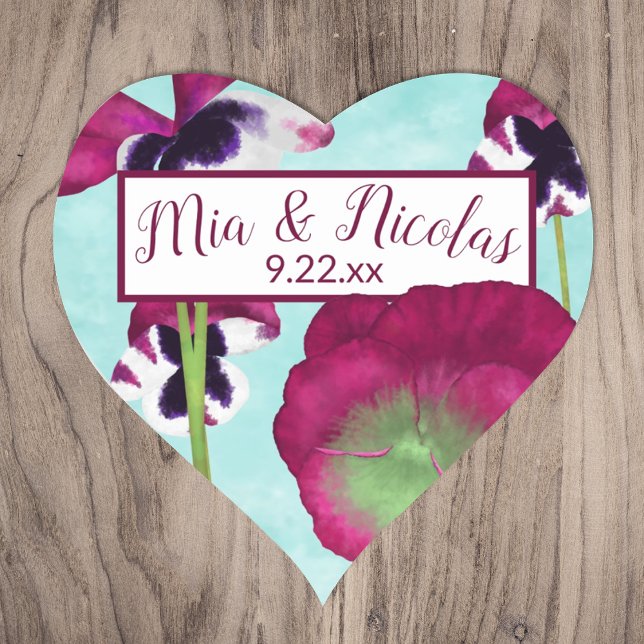 Stickers personnalisés turquoise et rose (turquoise blue cyan magenta berry pink pansy heart-shaped wedding monogram sticker couples names)
