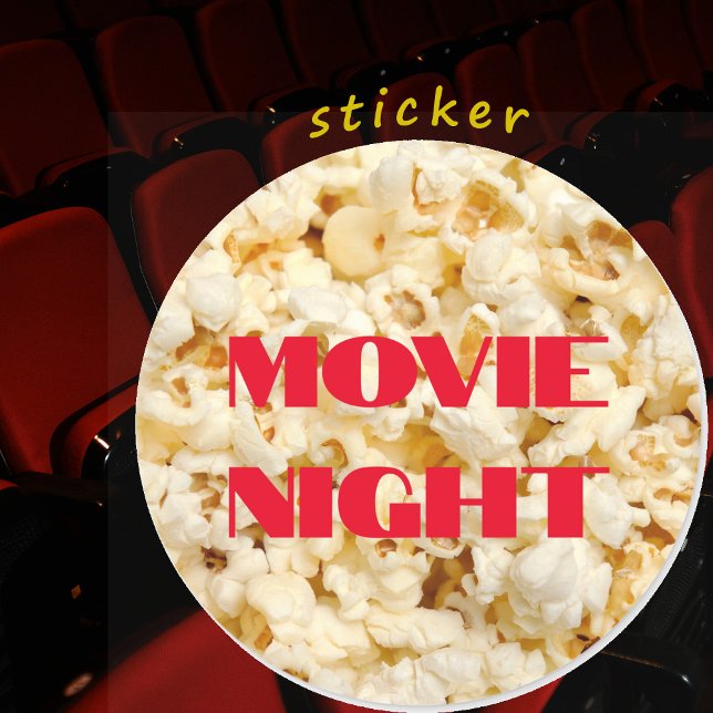Stickers Popcorn de la nuit du cinéma, feuille (Popcorn sticker says "Movie Night". )