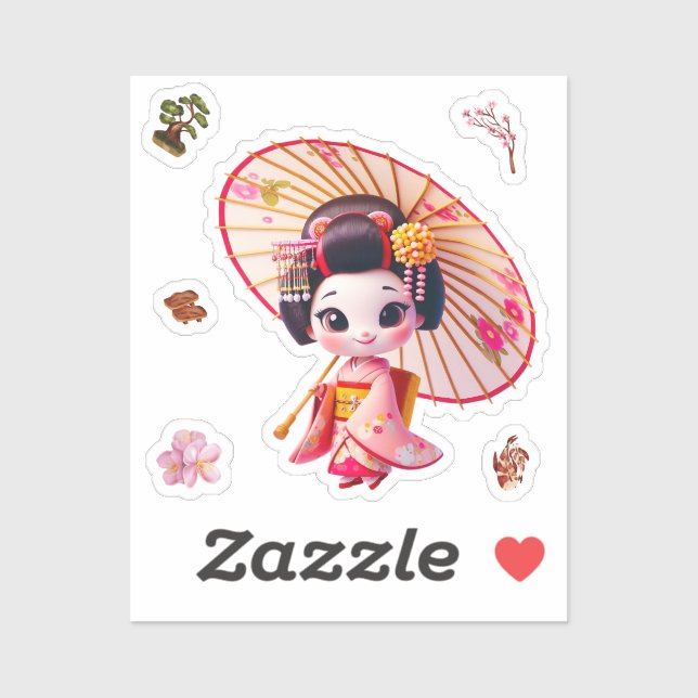 stickers poupée kokeshi, Geisha avec parapluie (Feuille)