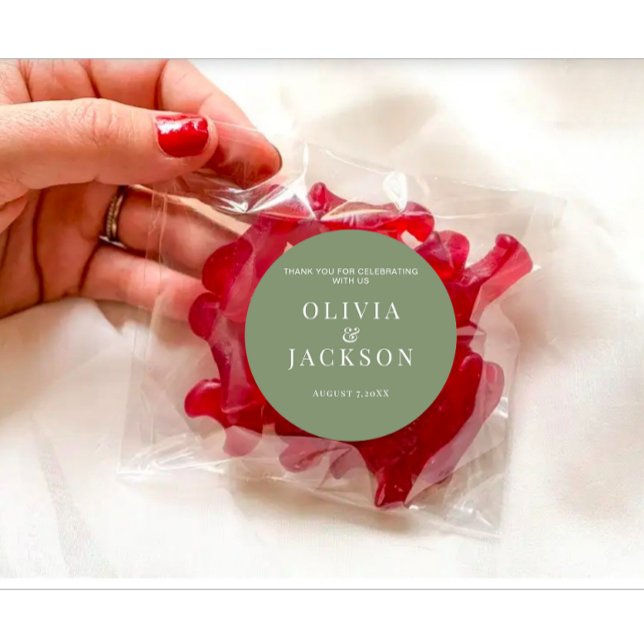 Stickers Pour Bonbons Mariages Cookies Sac Vert fo (Modern personalized wedding couple name date dark green sticker)