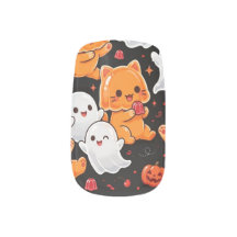 Enveloppes d'ongles Halloween noires chats orange 