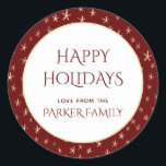 Stickers Red Gold Christmas Stars Nommés<br><div class="desc">Il s'agit d'un modèle personnalisable qui permet de modifier le nom de famille. Le code hexadécimal de couleur rouge est #650000 et correspond à d'autres articles de notre collection de fournitures d'emballage de Noël rouge. L'arrière - plan de l'autocollant est rouge foncé avec des étoiles dorées et correspond au papier...</div>