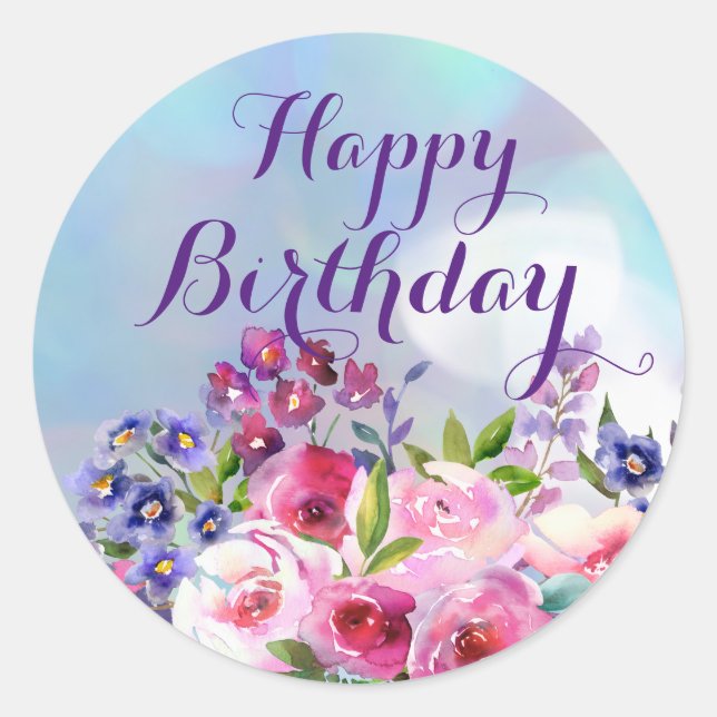 Stickers Rond Fleurs d'Aquarelle Joyeux Anniversai (Devant)